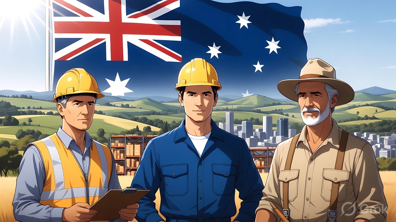 Create a professional blog featured image showing farm workers picking fruits in an Australian orchard. Workers wearing hats and gloves are harvesting apples and strawberries with baskets. In the back